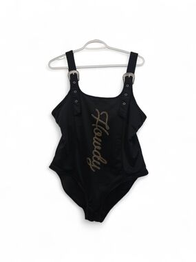 Black 'Howdy' One-Piece Swimsuit with Buckle Straps
